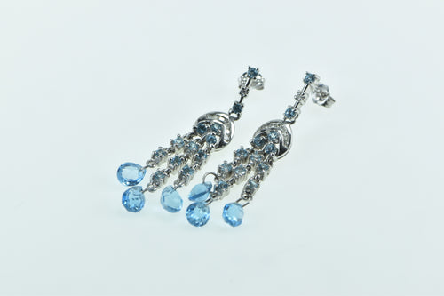 10K Blue Topaz Fringe Diamond Tassel Dangle Earrings White Gold
