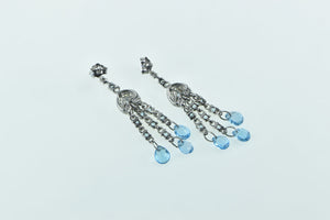 10K Blue Topaz Fringe Diamond Tassel Dangle Earrings White Gold