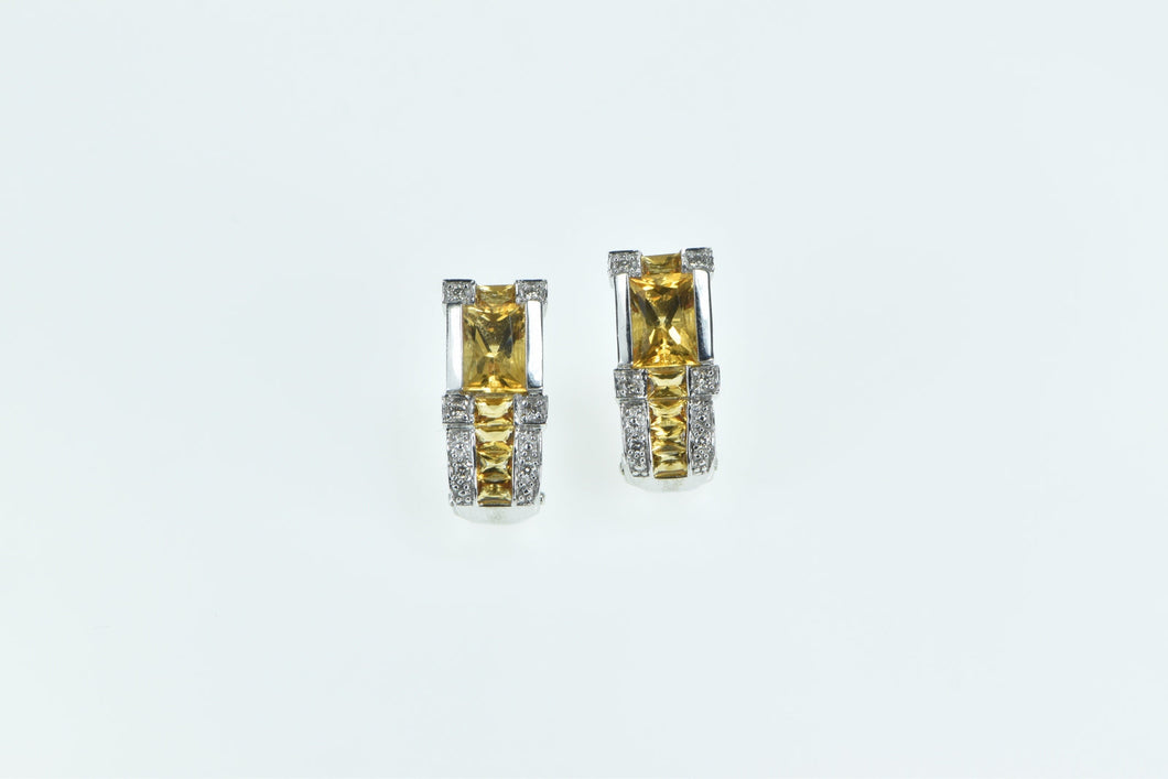 14K Radiant Cut Citrine Diamond French Clip Earrings White Gold