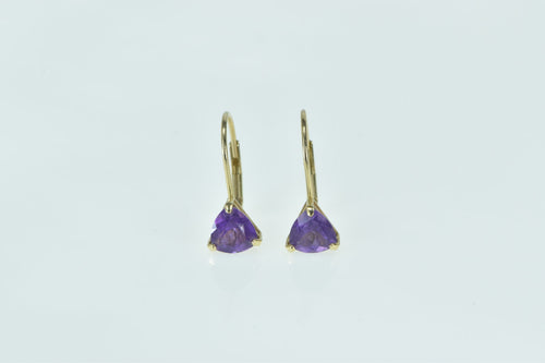 14K Trillion Amethyst Solitaire Lever Back Dangle Earrings Yellow Gold