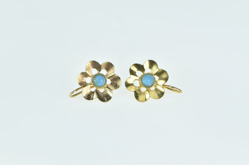 18K Turquoise Vintage Scalloped Flower Clip On Earrings Yellow Gold