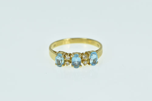 18K Three Stone Vintage Oval Blue Topaz Diamond Ring Yellow Gold