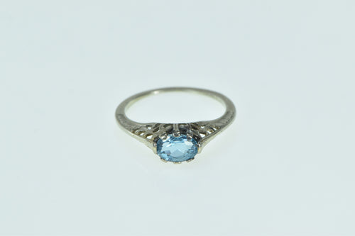 18K Art Deco Filigree Blue Topaz Ornate Statement Ring White Gold