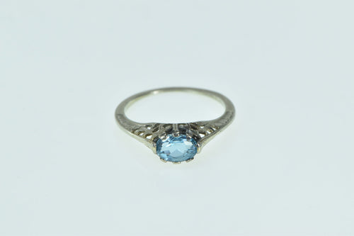 18K Art Deco Filigree Blue Topaz Ornate Statement Ring White Gold