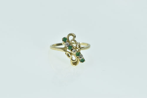 10K Emerald Diamond Wavy Vintage Statement Ring Yellow Gold