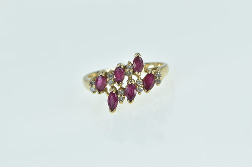 10K Marquise Ruby Vintage Diamond Slanted Ring Yellow Gold