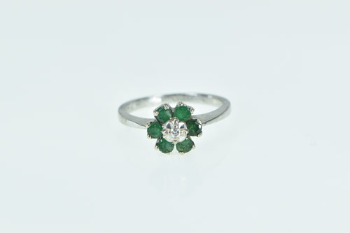 10K Vintage Diamond Emerald Flower Cluster Ring White Gold