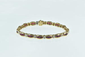 10K Diamond Syn. Princess Ruby Curved Bar Link Bracelet 6.75" Yellow Gold