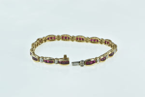 10K Diamond Syn. Princess Ruby Curved Bar Link Bracelet 6.75" Yellow Gold