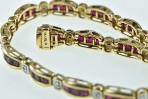 10K Diamond Syn. Princess Ruby Curved Bar Link Bracelet 6.75" Yellow Gold