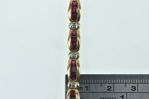 10K Diamond Syn. Princess Ruby Curved Bar Link Bracelet 6.75" Yellow Gold