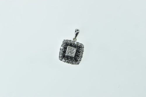 10K Princess White & Black Diamond Halo Pendant White Gold
