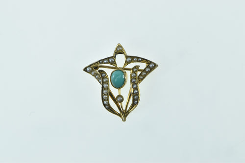 14K Art Nouveau Turquoise Seed Pearl Floral Pendant/Pin Yellow Gold