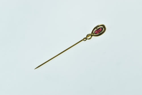14K Victorian Oval Syn. Ruby Swirl Spiral Stick Pin Yellow Gold
