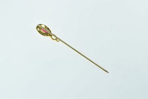 14K Victorian Oval Syn. Ruby Swirl Spiral Stick Pin Yellow Gold