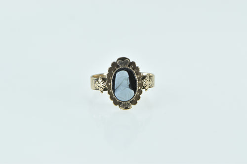 14K Victorian Ornate Black Agate Cameo Statement Ring Yellow Gold