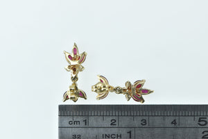 10K Marquise Ruby Flower Vintage Dangle Earrings Yellow Gold