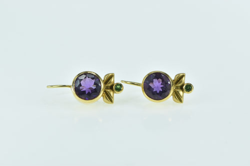 18K Round Amethyst Peridot Leaf Accent Dangle Earrings Yellow Gold