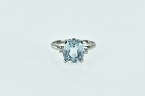18K Cushion Blue Topaz Diamond Accent Vintage Ring White Gold