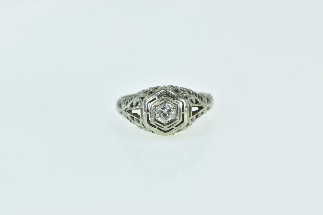 18K Art Deco Filigree Diamond Engagement Ring White Gold