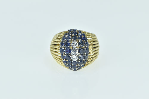 18K Sapphire Diamond Domed Cluster Ornate Ring Yellow Gold