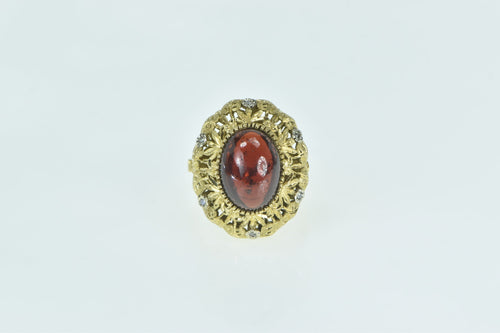 14K Oval Garnet Cabochon Diamond Leaf Filigree Ring Yellow Gold