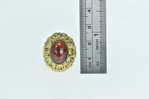 14K Oval Garnet Cabochon Diamond Leaf Filigree Ring Yellow Gold