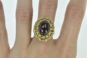 14K Oval Garnet Cabochon Diamond Leaf Filigree Ring Yellow Gold