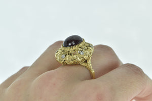 14K Oval Garnet Cabochon Diamond Leaf Filigree Ring Yellow Gold
