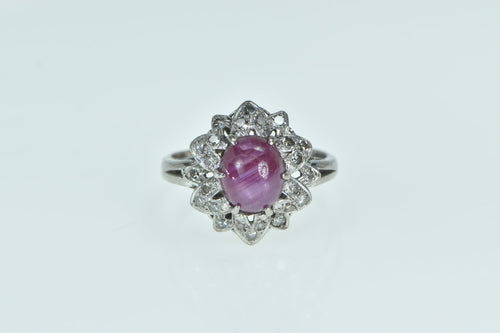 14K 1940's Star Ruby Diamond Flower Statement Ring White Gold