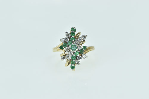14K Vintage Emerald Diamond Bypass Cluster Ring Yellow Gold