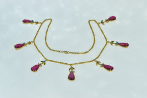 22K Ornate Syn. Ruby CZ Turquoise Fringe Drop Necklace 19" Yellow Gold