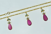 Load image into Gallery viewer, 22K Ornate Syn. Ruby CZ Turquoise Fringe Drop Necklace 19&quot; Yellow Gold