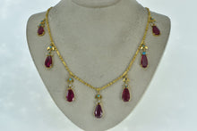 Load image into Gallery viewer, 22K Ornate Syn. Ruby CZ Turquoise Fringe Drop Necklace 19&quot; Yellow Gold