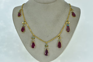 22K Ornate Syn. Ruby CZ Turquoise Fringe Drop Necklace 19" Yellow Gold