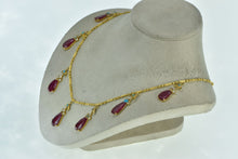 Load image into Gallery viewer, 22K Ornate Syn. Ruby CZ Turquoise Fringe Drop Necklace 19&quot; Yellow Gold