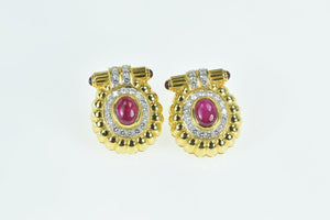 22K Oval Natural Ruby Diamond Halo French Clip Earrings Yellow Gold