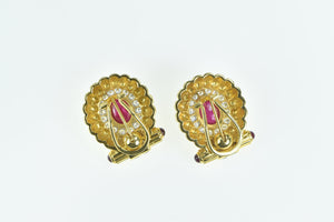 22K Oval Natural Ruby Diamond Halo French Clip Earrings Yellow Gold