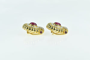 22K Oval Natural Ruby Diamond Halo French Clip Earrings Yellow Gold