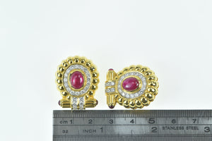 22K Oval Natural Ruby Diamond Halo French Clip Earrings Yellow Gold