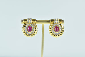 22K Oval Natural Ruby Diamond Halo French Clip Earrings Yellow Gold