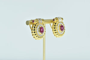 22K Oval Natural Ruby Diamond Halo French Clip Earrings Yellow Gold