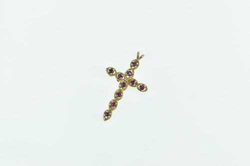 14K Natural Ruby Ornate Cross Christian Faith Pendant Yellow Gold