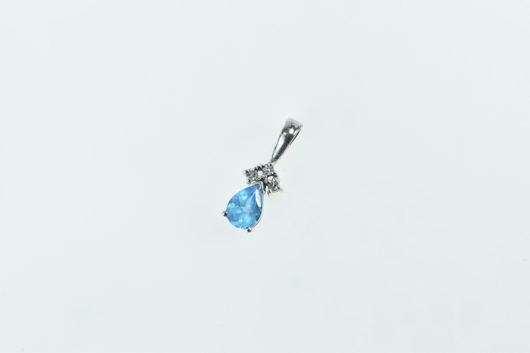 14K Pear Blue Topaz Diamond Vintage Classic Pendant White Gold