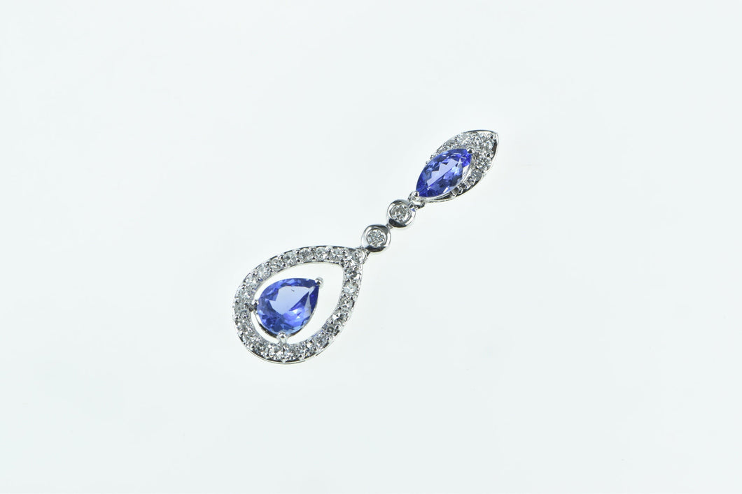 14K Ornate Tanzanite Diamond Halo Drop Vintage Pendant White Gold