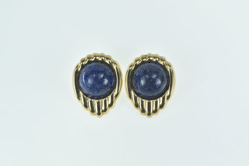 14K Vintage Round Lapis Lazuli Cabochon Earrings Yellow Gold