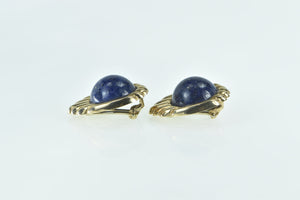 14K Vintage Round Lapis Lazuli Cabochon Earrings Yellow Gold