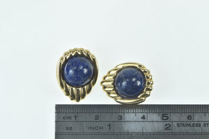 14K Vintage Round Lapis Lazuli Cabochon Earrings Yellow Gold