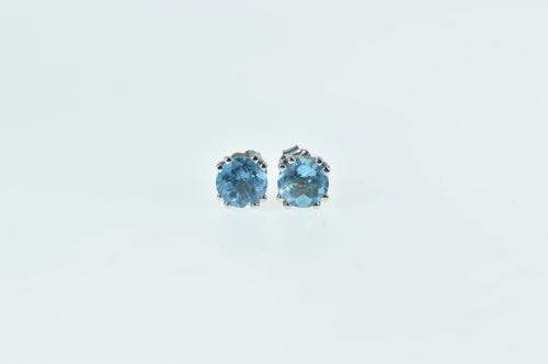 14K Round Faceted Blue Topaz Classic Stud Earrings White Gold