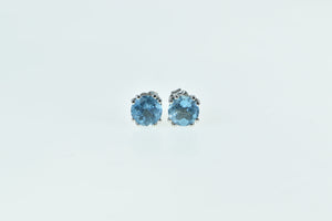 14K Round Faceted Blue Topaz Classic Stud Earrings White Gold